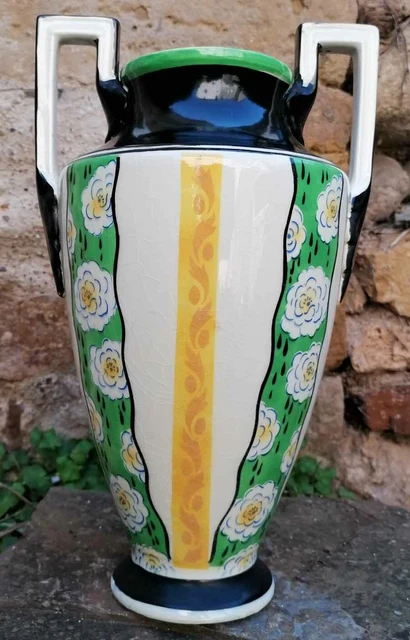 Grand Vase 35 cm Céramique Art Deco à anses surélevées Fleurs stylisées 1925