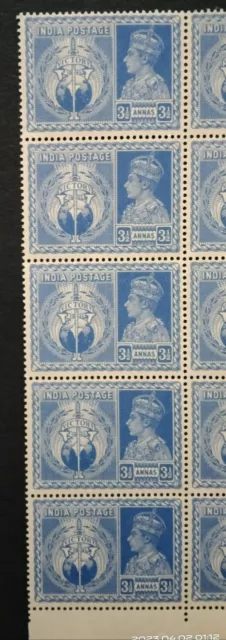 India Stamps 1946 British India 3 1/2 Annas Peace & Victory Block  Of 10-ZZIAA 3