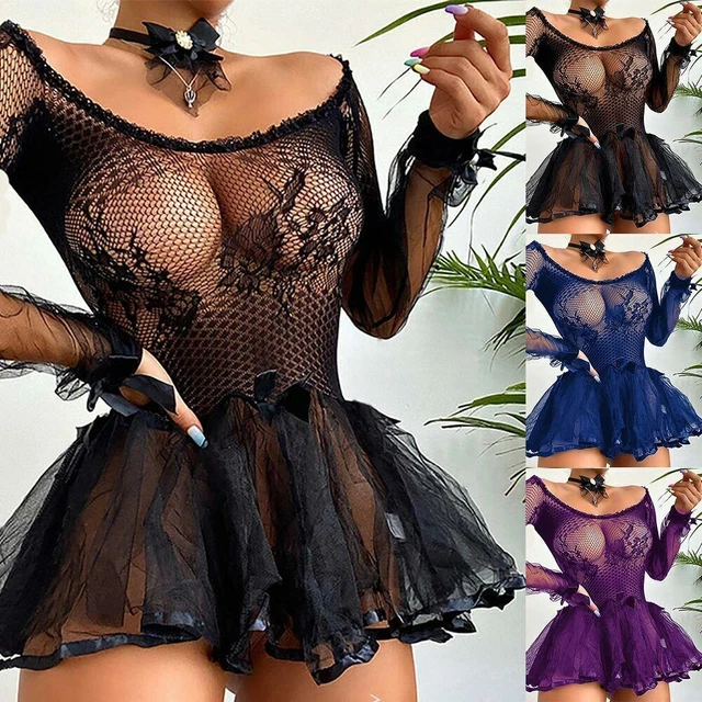 Womens Sexy Lace Mesh Nightdress Fishnet Lingerie Babydoll Nightwear Underwear
