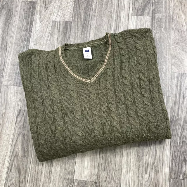 GAP V-Neck Pullover Green Wool Blend Cable Knit Sweater Men's Size Large