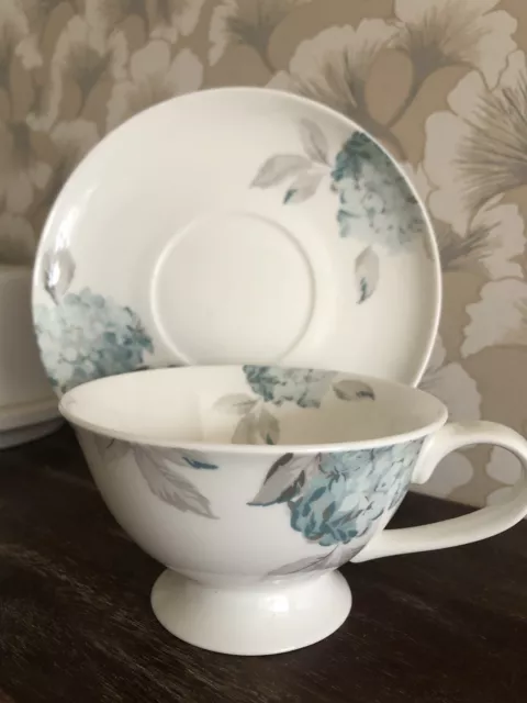 Laura Ashley Bone China Breakfast Cup&Saucer Hydrangea Duck Egg Blue New