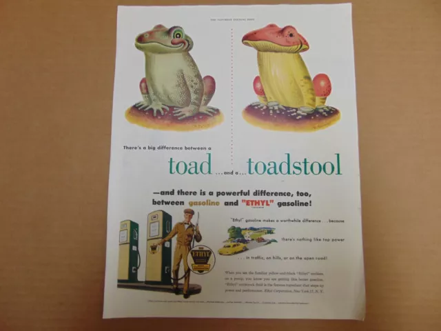 1951 ETHYL GASOLINE TOAD and A TOADSTOOL vintage art print ad