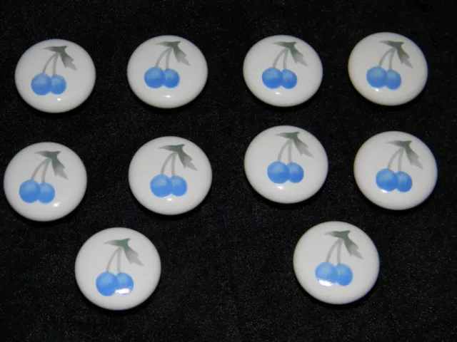 10 - White Ceramic Porcelain with Blue Berries Fruit Drawer Pulls Cabinet Knobs
