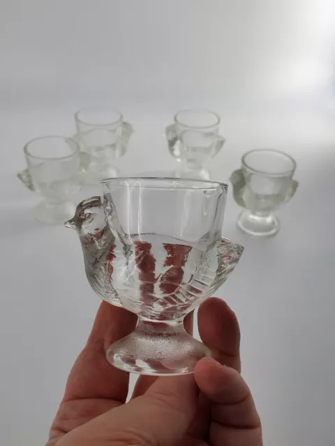 Set of 5 Vintage French Egg Cup, Clear Glass, Chick Hen Chicken, 2¾"x2¾"x1⅞"