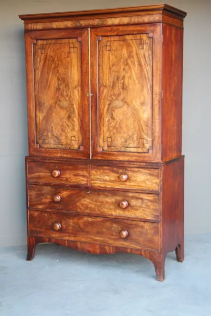 Antique mahogany George III linen press armoire superb colour ebony inlay 1780