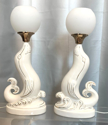 Mid Century Modern PAIR Seal/Sea Lion Table Lamps Hollywood Regency White & Gold
