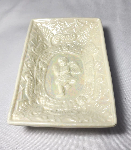 Vintage Cherub Angel Iridescent Pearl Ivory Ceramic Soap Dish Trinket Tray