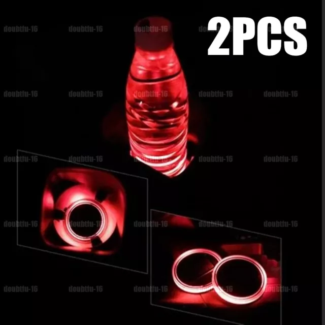 2pcs Red LED Solar Cup Pad Car Interior Parts Cover Decoration Light Accessories