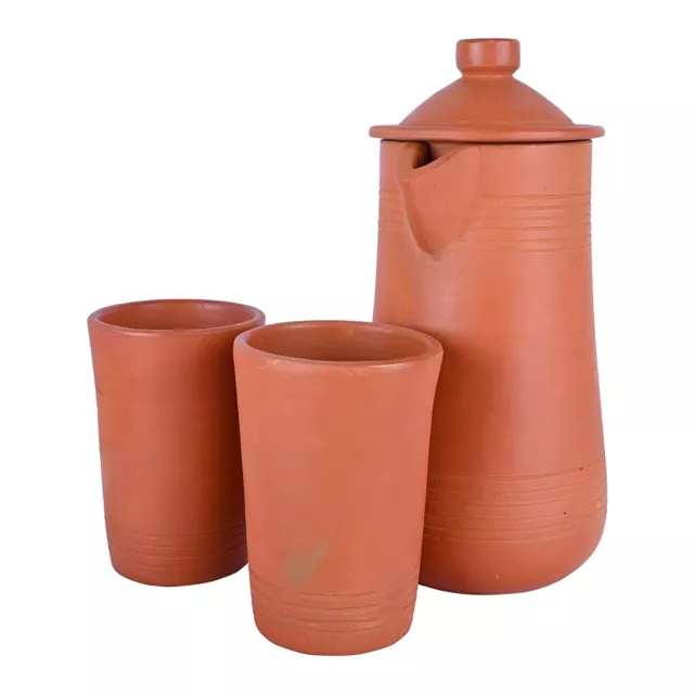 Mittihub Handmade Terracotta Jug Normal with 2 Glass, 1 -1.5Litre, Brown