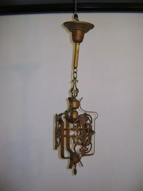 Antique Art Deco Hanging CEILING Light FIXTURE  Gold Gilt Cast Metal