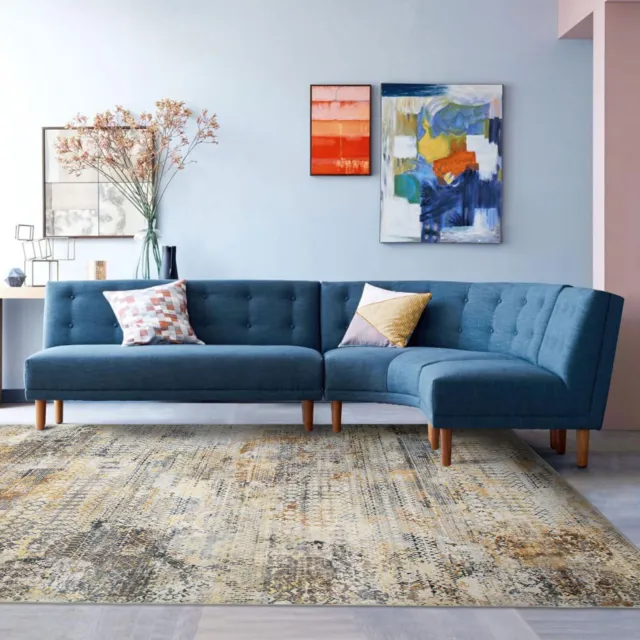 Extra Large Rug Grey Blue Gold Soft Distressed Abstract Lounges Washable Carpet