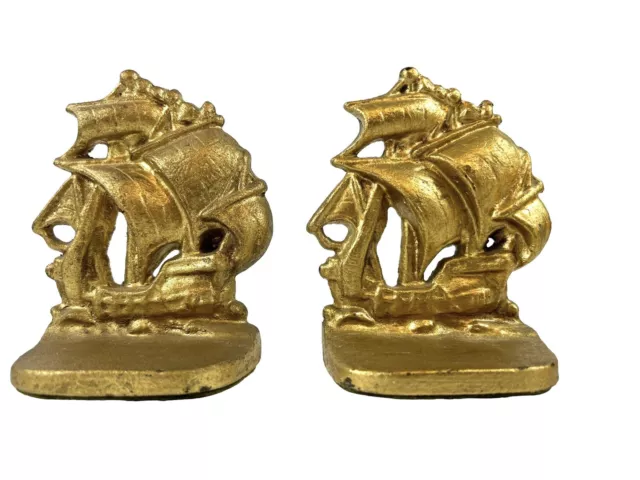 Brass Bookends Spanish Galleon Sailing 5 Mast Ship  (Pair) Vintage
