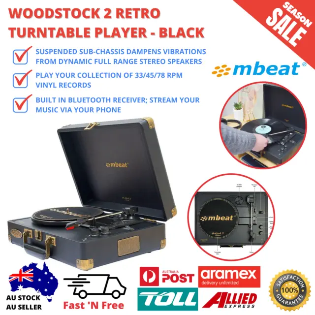 Mbeat Woostock 2 Retro Bluetooth Music Vinyl Turntable Record Player Black