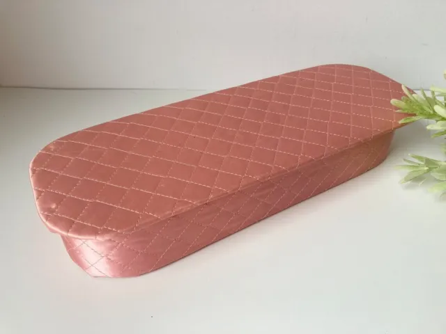 Vintage Pink Glove Box Quilted Satin 13 3/4” Narrow Vanity Dresser Storage