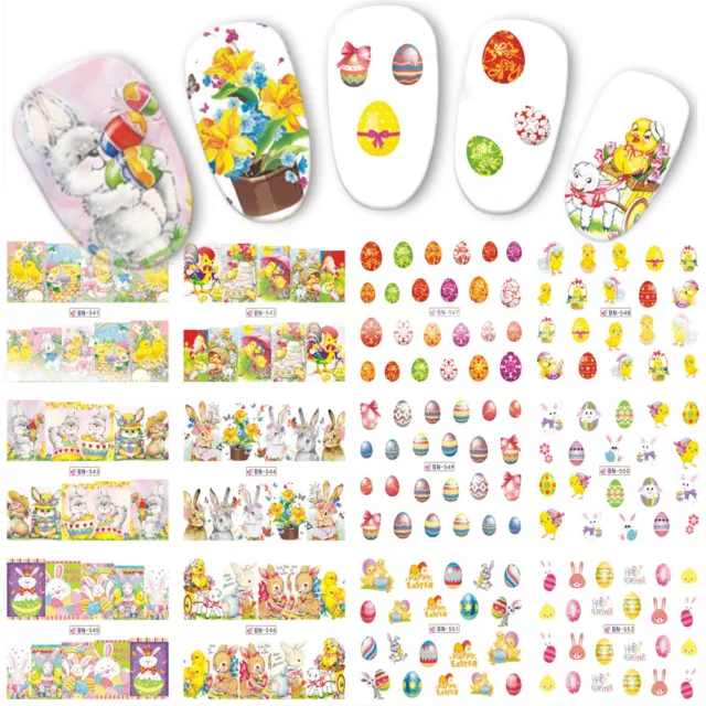Easter Nail Art Water Decals Wraps Stickers Bunny Rabbits Chicks Bows Eggs