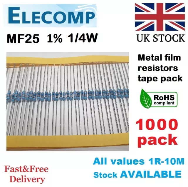 MF25 1%  1/4W Resistors All Values (0R-1K-10M) 1000 in Pack UK stock