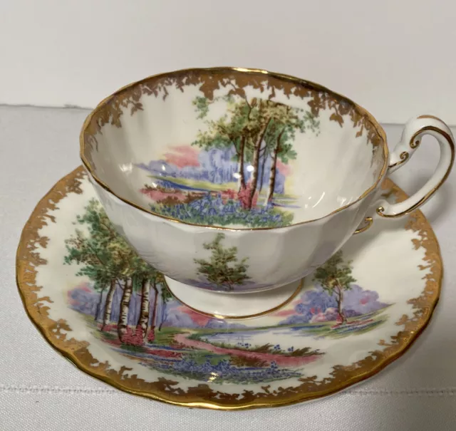 Vintage Aynsley “Bluebell Time” Woodland Scene Gold Trim Tea Cup and Saucer Set