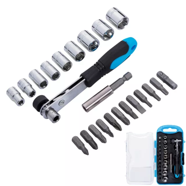 Bluespot 23 Pce Metric 1/4" Hex Socket + Mini Ratchet & Screwdriver Bit Set