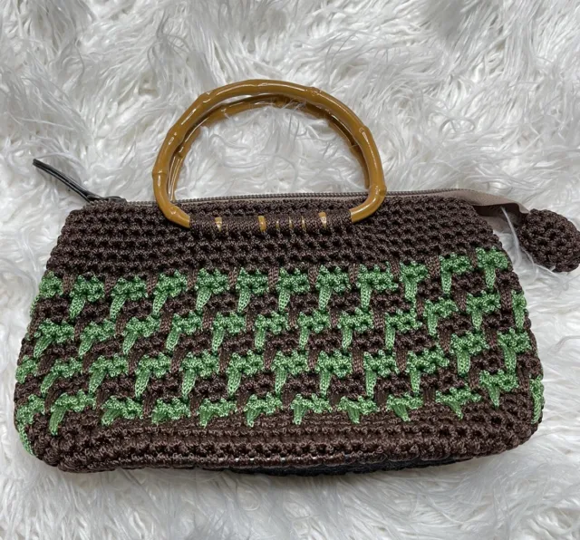 Vintage Y2K Brown Woven Palm Tree Bamboo Handle Purse Bag Women's