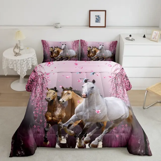 Boys Horse Twin Size Comforter Set Cherry Blossom Branches Steed Kids Bedding Se