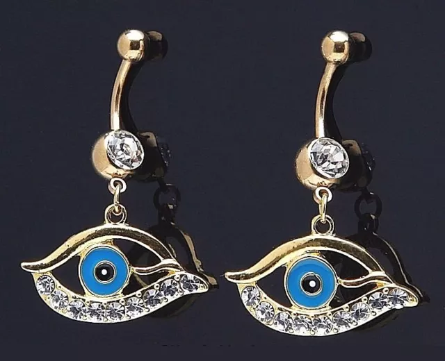 1) Single Fancy 14K Gold Plated Dangle Evil Eye Ball Belly Ring 14g CZ Navel 290