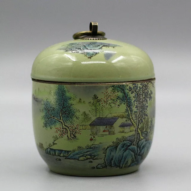 China Jingdezhen Porcelain Pastel Landscape Ceramic Tea Caddy Qing Tongzhi