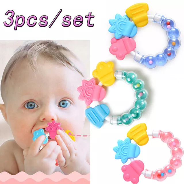 3pcs Baby Teether Teething Ring BPA Free Toddler Chew Toy Shake Bell XMAS Gift