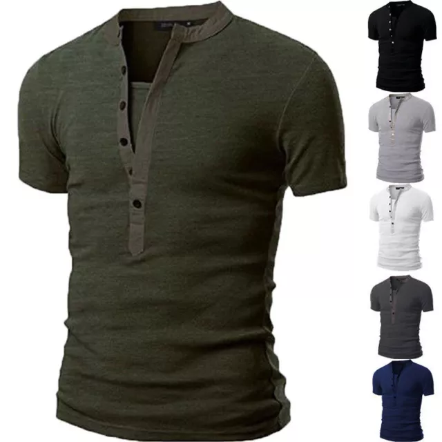 Da Uomo Casual Slim Fit Scollo V T-Shirt Muscolo Tee Maglia Bottoni Manica Corta