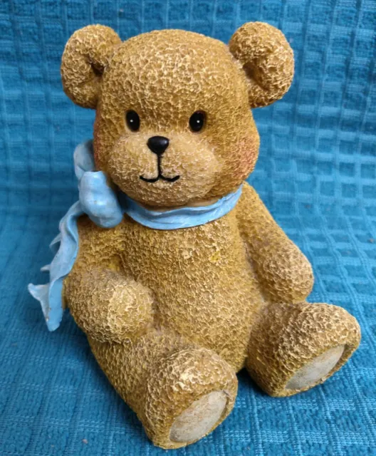 Teddy Bear Bank Tan Resin Blue Bow 5" with rubber stopper