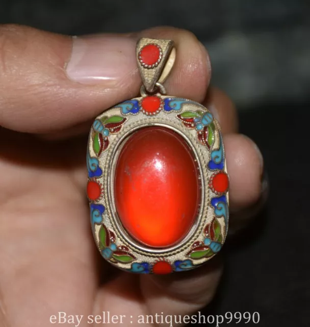 1.6" Marked Chinese Silver Cloisonne Inlaid Red Gem Flower Leaf Amulet Pendant