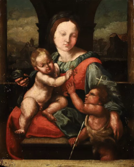 16th CENTURY LARGE ITALIAN OLD MASTER OIL PANEL - MADONNA & CHILD & SAINT JOHN