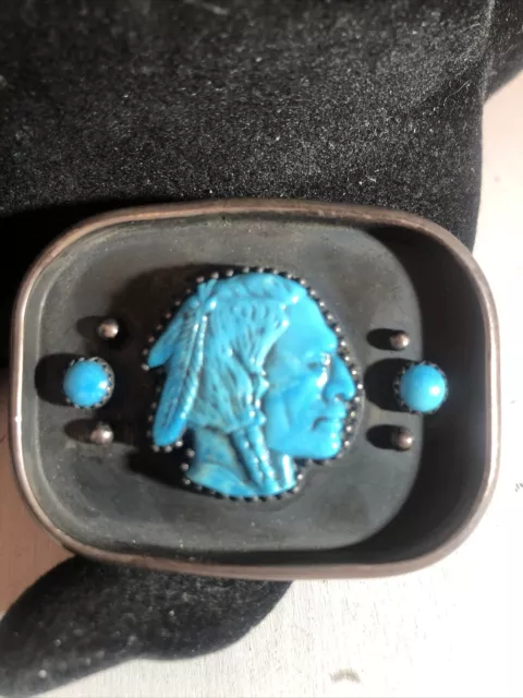 ALL Sterling Silver Belt Buckle - with Carved Turquoise Chief Head (see notes)