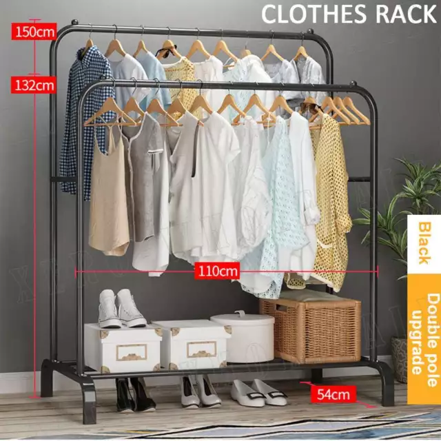 Heavy Duty Metal Double Rail Clothes Garment Hanging Rack Shoe Storage Shelf AU