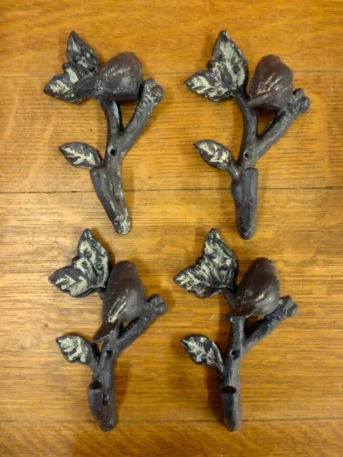 4 ANTIQUE-STYLE BIRD LEAF HOOKS CAST IRON rustic primitive wall garden decor art