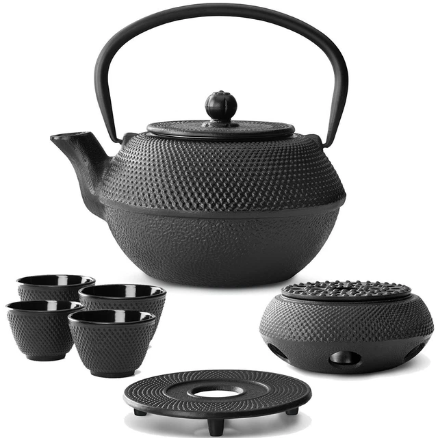 Asia Tee Set Teekanne Teesieb 4 Becher Stövchen Untersetzer Gußeisen 1,1 L