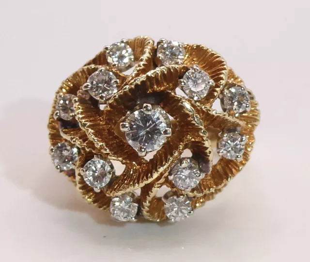 LEON 18K Yellow Gold Textured Rope Dome 1CTW Diamond Cluster Ring Sz 5.25 11g