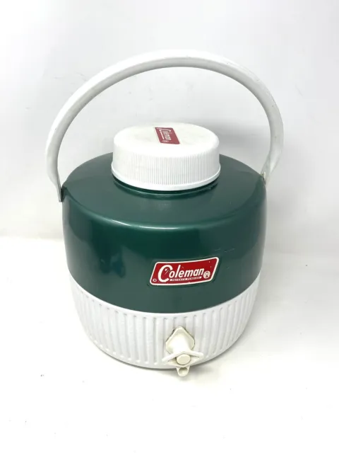 Vintage Coleman Two Tone Green Insulated Water Cooler 2 Gallon Jug W/ Drink Cup