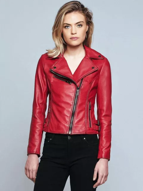 New Women's Moto Lambskin Real Red Leather Jacket Biker Slim fit Jacket