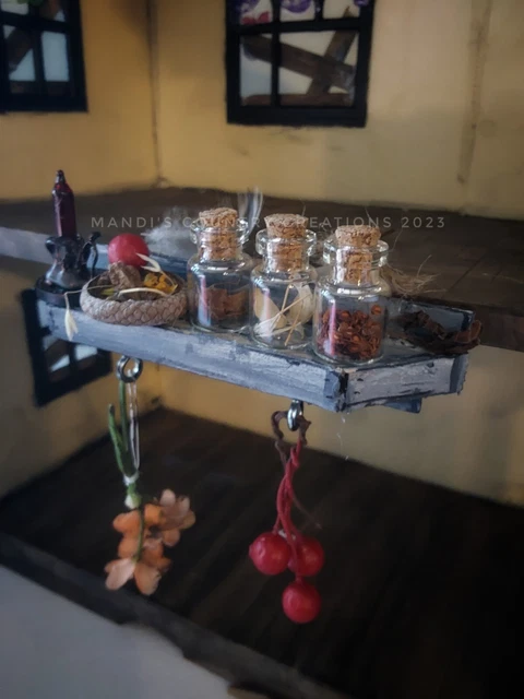 OOAK Dollhouse Miniatures wood Shelf w/Real Flowers, removable mini potion jars