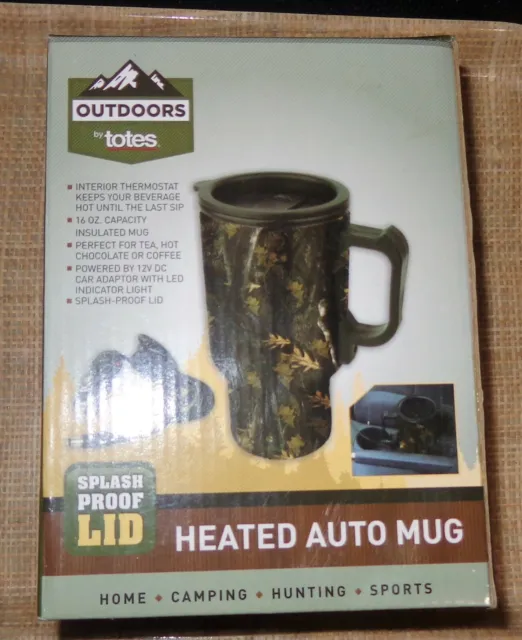 NIB Outdoors By Totes Heated 16 ounce Auto Mug Camouflage Design No Splash Lid