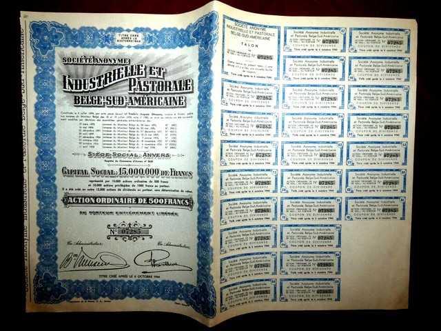 Industrielle et Pastorale Belge-Sud-Americaine ,Share certificate 1938