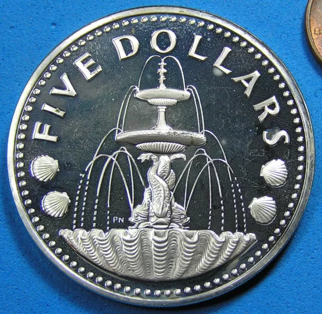 Barbados 5 Dollars .800 Silver Coin 1974 Proof, KM-16a Fountain, 31.1 gr 40 mm