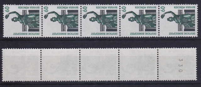 Bund 1341 Au RM 5er Streifen mit gerader Nummer SWK 60 Pf ** gelbe Gummierung