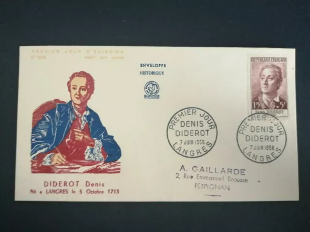 France Premier Jour Fdc Yvert 1168 Diderot 15F+5F Langres 1958