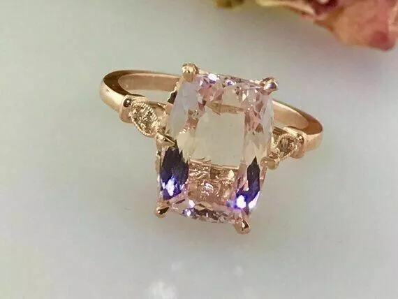 Art Deco 3Ct Cushion Cut Morganite Diamond Engagement Ring 14K Rose Gold Plated