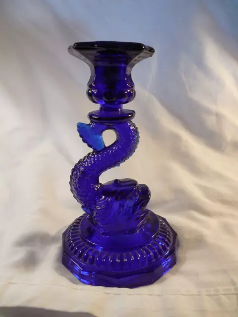 Vintage cobalt blue glass dolphin Kio candlestick candle holder