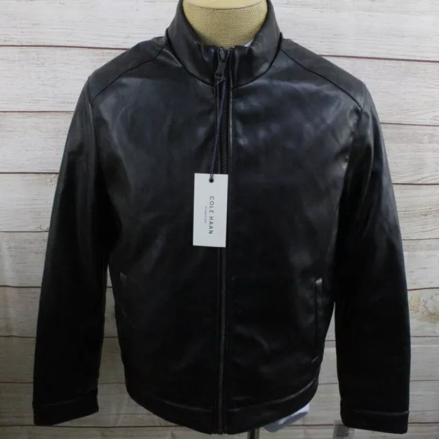 New Cole Haan Faux Leather Moto Jacket Coat Black Medium MY3