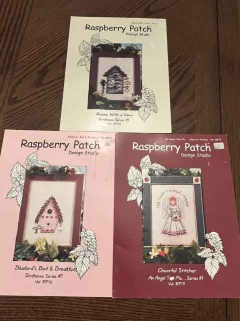 3 Cross Stitch Raspberry Patch Leaflets, Angel, 2 Birdhouses 1997, RP12, 16, 19