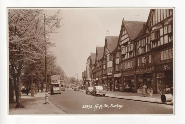 Purley - High Street, shops, buses - c1950's Surrey real photo postcard