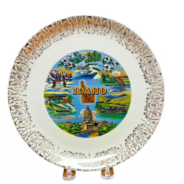 Vintage Idaho Souvenir Plate The Gem State 1970s Sun Valley Skiing Fishing 9”